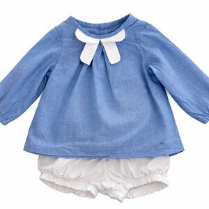 Jacadi Baby Outfit 12-18M Blue Bow Top GAP White Bloomers Boutique Set-KC214